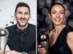 Lionel Messi, Aitana Bonmati and Pep Guardiola with their respective awards Lionel Messi, Aitana Bonmati and Pep Guardiola with their respective awards