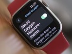 This illustration photo shows an Apple Watch 9 displaying the blood-oxygen level detection settings, in Los Angeles on December 26, 2023 (Photo by Chris DELMAS / AFP)