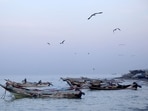 Fishermen boats as seen off the coast in al-Khokha district on the southern edge of the Red Sea city of Hodeida. (AFP)