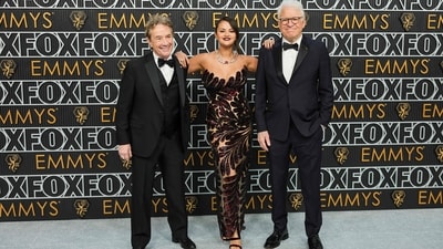 Martin Short, Selena Gomez and Steve Martin attend the 75th Primetime Emmy Awards at Peacock Theatre. Selena made a dazzling appearance on the silver carpet in a sequinned see-through custom gown by Oscar de la Renta. She was accompanied by her supportive boyfriend, Benny Blanco. (Getty Images via AFP) Martin Short, Selena Gomez and Steve Martin attend the 75th Primetime Emmy Awards at Peacock Theatre. Selena made a dazzling appearance on the silver carpet in a sequinned see-through custom gown by Oscar de la Renta. She was accompanied by her supportive boyfriend, Benny Blanco. (Getty Images via AFP)