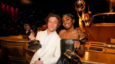 Jeremy Allen White, winner of the award for outstanding lead actor in a comedy series for The Bear, left, and Ayo Edebiri, winner of the award for outstanding supporting actress in a comedy series for The Bear, attend the Governors Ball for the 75th Primetime Emmy Awards on January 15 at the Los Angeles Convention Center. (AP) Jeremy Allen White, winner of the award for outstanding lead actor in a comedy series for The Bear, left, and Ayo Edebiri, winner of the award for outstanding supporting actress in a comedy series for The Bear, attend the Governors Ball for the 75th Primetime Emmy Awards on January 15 at the Los Angeles Convention Center. (AP)