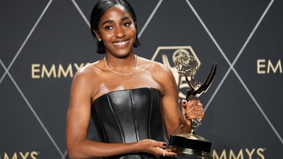 Ayo Edebiri, winner of the award for outstanding supporting actress in a comedy series for The Bear, graced the event in a strapless custom gown from Louis Vuitton. The gown was tailored to her figure, with a bell-shaped silhouette that fell above the ankle.&nbsp; (AP)