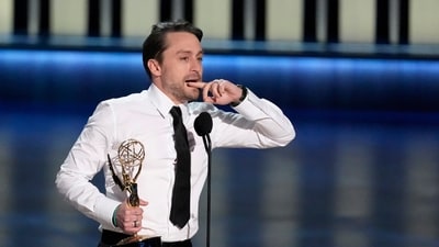Kieran Culkin accepts the award for outstanding lead actor in a drama series for Succession during the 75th Primetime Emmy Awards. In his speech, he thanked his ‘beautiful wife’ Jazz Charton, "for sharing your life with me and for giving me two amazing kids." He concluded with a laugh, "And Jazz, I want more. You said maybe, if I win!" (AP) Kieran Culkin accepts the award for outstanding lead actor in a drama series for Succession during the 75th Primetime Emmy Awards. In his speech, he thanked his ‘beautiful wife’ Jazz Charton, "for sharing your life with me and for giving me two amazing kids." He concluded with a laugh, "And Jazz, I want more. You said maybe, if I win!" (AP)