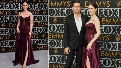 Rachel Brosnahan, nominated for The Marvelous Mrs. Maisel, brought a little gothic glam to the event with a beautifully structured wine-coloured Versace dress with corset-style bustier. She attended with her husband Jason Ralph. (AFP) Rachel Brosnahan, nominated for The Marvelous Mrs. Maisel, brought a little gothic glam to the event with a beautifully structured wine-coloured Versace dress with corset-style bustier. She attended with her husband Jason Ralph. (AFP)