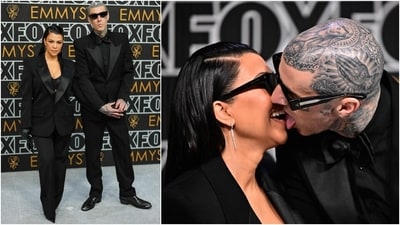 Kourtney Kardashian and Travis Barker brought romance and an extra dose of PDA on the Emmy Awards red carpet. The couple twinned in all-black chic suits for the gala. While Kourtney teamed her suit with a lacy bralette, leather gloves, earrings, and heeled boots, Travis chose a button-down shirt, black dress shoes and a silk bowtie. The couple wore tinted shades to complete the look. (AFP) Kourtney Kardashian and Travis Barker brought romance and an extra dose of PDA on the Emmy Awards red carpet. The couple twinned in all-black chic suits for the gala. While Kourtney teamed her suit with a lacy bralette, leather gloves, earrings, and heeled boots, Travis chose a button-down shirt, black dress shoes and a silk bowtie. The couple wore tinted shades to complete the look. (AFP)