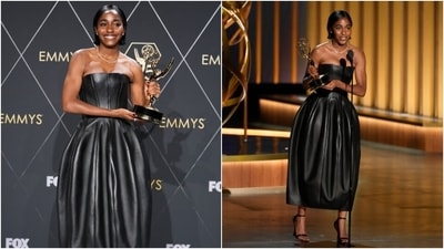 Ayo Edebiri walked the 75th Emmy Awards red carpet dressed in a strapless custom gown from Louis Vuitton. It was molded to her body and fell above the ankle in a bell shape. Black is often seen as a 'safe' colour, but it was one trend that emerged tonight. And Ayo experimented with it by incorporating texture and shapes. (AP) Ayo Edebiri walked the 75th Emmy Awards red carpet dressed in a strapless custom gown from Louis Vuitton. It was molded to her body and fell above the ankle in a bell shape. Black is often seen as a 'safe' colour, but it was one trend that emerged tonight. And Ayo experimented with it by incorporating texture and shapes. (AP)