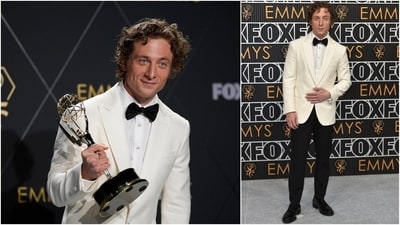 Everyone's favourite TV chef, Jeremy Allen White, arrived at the Emmy Awards wearing a bespoke white Giorgio Armani suit and black bow tie. The actor's red-carpet look featured a cream double-breasted blazer, a crisp white shirt, a black bow tie, classic black trousers, shiny black dress shoes, and a chunky gold ring on his middle finger. He won an award for the Outstanding Lead Actor in a Comedy Series category for his lead performance in The Bear. (AP) Everyone's favourite TV chef, Jeremy Allen White, arrived at the Emmy Awards wearing a bespoke white Giorgio Armani suit and black bow tie. The actor's red-carpet look featured a cream double-breasted blazer, a crisp white shirt, a black bow tie, classic black trousers, shiny black dress shoes, and a chunky gold ring on his middle finger. He won an award for the Outstanding Lead Actor in a Comedy Series category for his lead performance in The Bear. (AP)