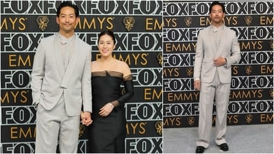 Beef actor Joseph Lee wore an all-beige grey suit with a playful mandarin collared see-through shirt, black dress shoes, a bracelet watch, rings, a backswept hairdo, and a trimmed beard. His wife, Diana Ryu, accompanied the star at the Emmy Awards. (AFP, AP) Beef actor Joseph Lee wore an all-beige grey suit with a playful mandarin collared see-through shirt, black dress shoes, a bracelet watch, rings, a backswept hairdo, and a trimmed beard. His wife, Diana Ryu, accompanied the star at the Emmy Awards. (AFP, AP)