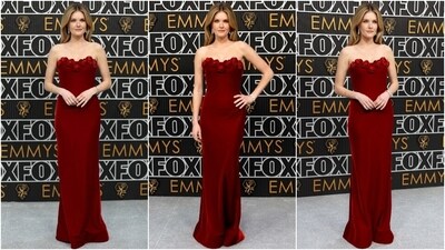 The White Lotus star Meghann Fahy wore a custom Armani Privé floor-length gown to attend the 75th Emmy Awards. Her strapless dress featured roses embroidered across the top of the bodice and a figure-skimming silhouette. (AFP, Reuters) The White Lotus star Meghann Fahy wore a custom Armani Privé floor-length gown to attend the 75th Emmy Awards. Her strapless dress featured roses embroidered across the top of the bodice and a figure-skimming silhouette. (AFP, Reuters)