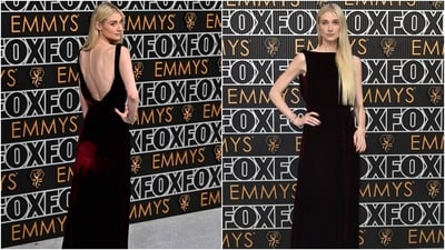 The Crown actor Elizabeth Debicki wore a red velvet gown for attending the 75th Primetime Emmy Awards. Her ensemble is a custom Dior look featuring a bateau neckline and draped open back design, (AFP, AP) The Crown actor Elizabeth Debicki wore a red velvet gown for attending the 75th Primetime Emmy Awards. Her ensemble is a custom Dior look featuring a bateau neckline and draped open back design, (AFP, AP)