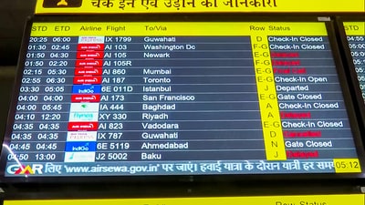 A screen showing the delayed and cancelled flights at the Indira Gandhi International Airport due to the dense fog in New Delhi on Tuesday. (ANI) A screen showing the delayed and cancelled flights at the Indira Gandhi International Airport due to the dense fog in New Delhi on Tuesday. (ANI)