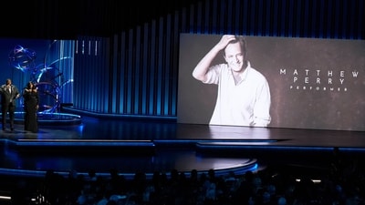 An image of Matthew Perry in the background during the 75th Primetime Emmy Awards on Monday, Jan. 15, 2024, at the Peacock Theater in Los Angeles. (AP) An image of Matthew Perry in the background during the 75th Primetime Emmy Awards on Monday, Jan. 15, 2024, at the Peacock Theater in Los Angeles. (AP)