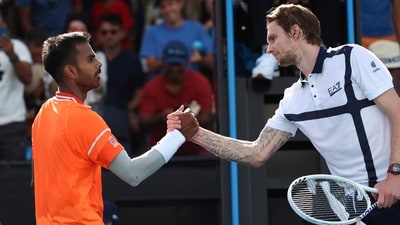 Sumit Nagal of India is congratulated by Alexander Bublik of Kazakhstan (AP) Sumit Nagal of India is congratulated by Alexander Bublik of Kazakhstan (AP)