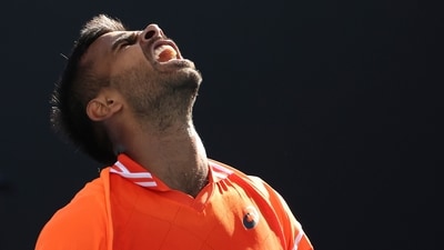 Sumit Nagal of India celebrates after defeating Alexander Bublik of Kazakhstan in their first round match at the Australian Open tennis championships (AP) Sumit Nagal of India celebrates after defeating Alexander Bublik of Kazakhstan in their first round match at the Australian Open tennis championships (AP)