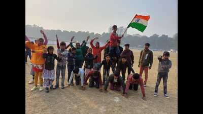 Children rescued from beggary in Lucknow practicing for their performance in the Republic Day Parade cultural tableau titled ‘Bhiksha se Shiksha ke Ore’. (Sourced) Children rescued from beggary in Lucknow practicing for their performance in the Republic Day Parade cultural tableau titled ‘Bhiksha se Shiksha ke Ore’. (Sourced)