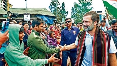 Congress MP Rahul Gandhi greets locals during the Bharat Jodo Nyay Yatra in Kohima. (ANI)
