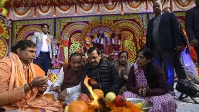 Delhi CM Arvind Kejriwal with wife Sunita Kejriwal joins Sunderkand path at Prachin Balaji Mandir in Rohini, in New Delhi. (Sanjeev Verma/HT photo) Delhi CM Arvind Kejriwal with wife Sunita Kejriwal joins Sunderkand path at Prachin Balaji Mandir in Rohini, in New Delhi. (Sanjeev Verma/HT photo)