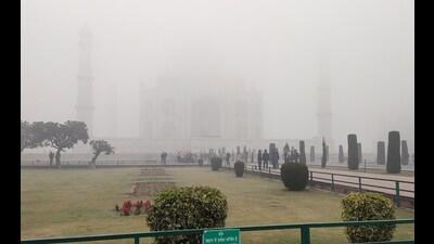Dense fog engulfs the Taj Mahal on Tuesday. (ANI) Dense fog engulfs the Taj Mahal on Tuesday. (ANI)