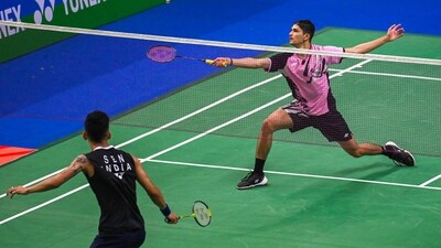 Priyanshu Rajawat of India competes during the men's singles match against Lakshya Sen from India at the YONEX-SUNRISE India Open 2024 badminton tournament (Hindustan Times) Priyanshu Rajawat of India competes during the men's singles match against Lakshya Sen from India at the YONEX-SUNRISE India Open 2024 badminton tournament (Hindustan Times)