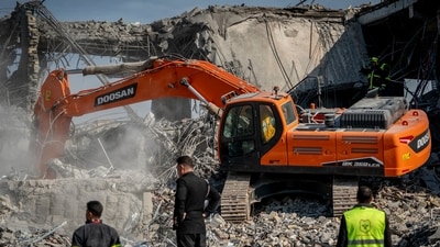 Emergency services clear the rubble of the house of Peshraw Dizayi that was hit in Iranian missile strikes in Irbil, Iraq, Tuesday, Jan. 16, 2024. Dizayi, a prominent local businessman, was killed in one of the Irbil strikes along with members of his family. (AP) Emergency services clear the rubble of the house of Peshraw Dizayi that was hit in Iranian missile strikes in Irbil, Iraq, Tuesday, Jan. 16, 2024. Dizayi, a prominent local businessman, was killed in one of the Irbil strikes along with members of his family. (AP)