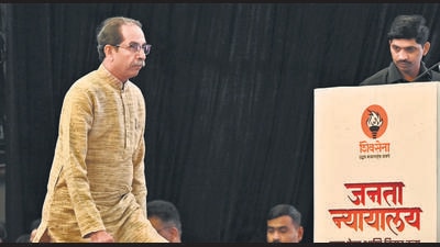 Mumbai, India - Jan. 16, 2024: Uddhav Thackeray, during "Janta Nyayala" discussing the decision given by speaker Rahul Narvekar, at NSCI Dome, Worli in Mumbai, India, on Tuesday, January 16, 2024. (Photo by Anshuman Poyrekar/ Hindustan Times) (Hindustan Times) Mumbai, India - Jan. 16, 2024: Uddhav Thackeray, during "Janta Nyayala" discussing the decision given by speaker Rahul Narvekar, at NSCI Dome, Worli in Mumbai, India, on Tuesday, January 16, 2024. (Photo by Anshuman Poyrekar/ Hindustan Times) (Hindustan Times)