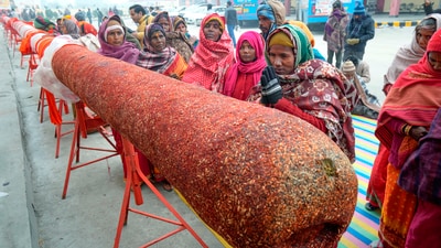 The incense stick, weighing 3,610 kg and measuring around three-and-a-half feet in width, was brought to this Uttar Pradesh town from Gujarat's Vadodara. (PTI) The incense stick, weighing 3,610 kg and measuring around three-and-a-half feet in width, was brought to this Uttar Pradesh town from Gujarat's Vadodara. (PTI)