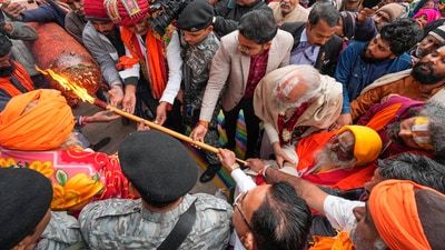 Mahant Nritya Gopal Das lit the incense stick brought from Vadodara in Gujarat amid a huge crowd chanting "Jai Shri Ram." (PTI) Mahant Nritya Gopal Das lit the incense stick brought from Vadodara in Gujarat amid a huge crowd chanting "Jai Shri Ram." (PTI)