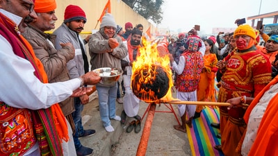 A 108-foot-long incense stick, brought from Gujarat, was lit by Sri Ram Janmabhoomi Teerth Kshetra Trust's Mahant Nritya Gopal Das on Tuesday in Ayodhya ahead of the consecration ceremony of the Ram Mandir, scheduled for January 22. (PTI) A 108-foot-long incense stick, brought from Gujarat, was lit by Sri Ram Janmabhoomi Teerth Kshetra Trust's Mahant Nritya Gopal Das on Tuesday in Ayodhya ahead of the consecration ceremony of the Ram Mandir, scheduled for January 22. (PTI)