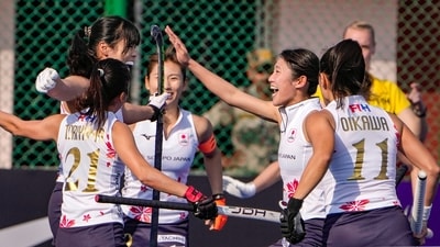 Ranchi: Players of Japan celebrate scoring a goal against Chile during their FIH Hockey Olympic Qualifiers 2024 match at Marang Gomke Jaipal Singh Astro Turf Hockey Stadium, in Ranchi (PTI) Ranchi: Players of Japan celebrate scoring a goal against Chile during their FIH Hockey Olympic Qualifiers 2024 match at Marang Gomke Jaipal Singh Astro Turf Hockey Stadium, in Ranchi (PTI)