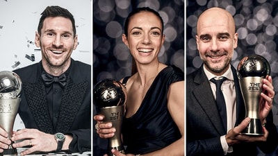Lionel Messi, Aitana Bonmati and Pep Guardiola with their respective awards