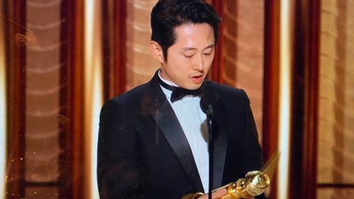 Steven Yeun with his award at 75th Primetime Emmy Awards on Monday Steven Yeun with his award at 75th Primetime Emmy Awards on Monday