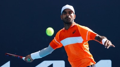 India's Sumit Nagal in action during his first round match against Kazakhstan's Alexander Bublik (REUTERS)