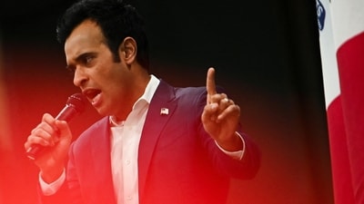 Republican presidential candidate and businessman Vivek Ramaswamy speaks as he visits a caucus site at Horizon Event Center in Clive, Iowa, U.S. January 15, 2024. REUTERS/Sergio Flores (REUTERS)