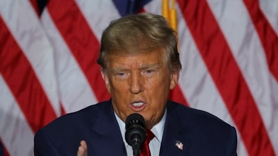 Republican presidential candidate and former U.S. President Donald Trump speaks during his caucus night watch party in Des Moines, Iowa, U.S., January 15, 2024.  REUTERS/Brian Snyder (REUTERS)