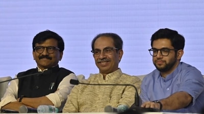 Sanjay Raut, Uddhav Thackeray and Aditya Thackeray during "Janta Nyayala" discussing the decision given by speaker Rahul Narvekar, at NSCI Dome in Mumbai. (Anshuman Poyrekar/HT Photo) Sanjay Raut, Uddhav Thackeray and Aditya Thackeray during "Janta Nyayala" discussing the decision given by speaker Rahul Narvekar, at NSCI Dome in Mumbai. (Anshuman Poyrekar/HT Photo)