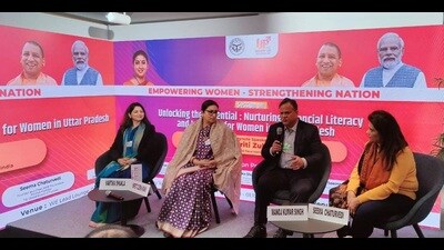 Union minister Smriti Irani and other members of U.P. delegation during a spotlight event at Davos in Switzerland. (Sourced) Union minister Smriti Irani and other members of U.P. delegation during a spotlight event at Davos in Switzerland. (Sourced)