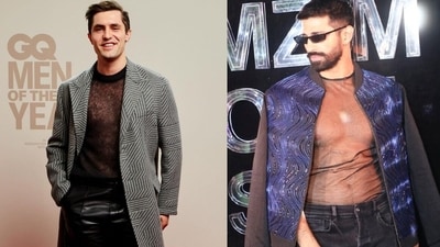 Men are layering sheer tops with coats and blazers. Men are layering sheer tops with coats and blazers.