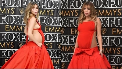 Suki Waterhouse attends the Emmy Awards 2024 in a red Valentino gown. (AP, Instagram) Suki Waterhouse attends the Emmy Awards 2024 in a red Valentino gown. (AP, Instagram)