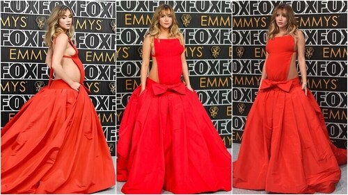 Suki Waterhouse poses at the Emmy Awards 2024 grey carpet. (AP, Instagram) Suki Waterhouse poses at the Emmy Awards 2024 grey carpet. (AP, Instagram)