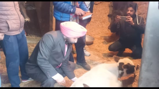 Punjab animal husbandry director Gursharanjit Singh Bedi during inspection of Raike village in Bathinda on Tuesday. (Sanjeev Kumar/HT)
