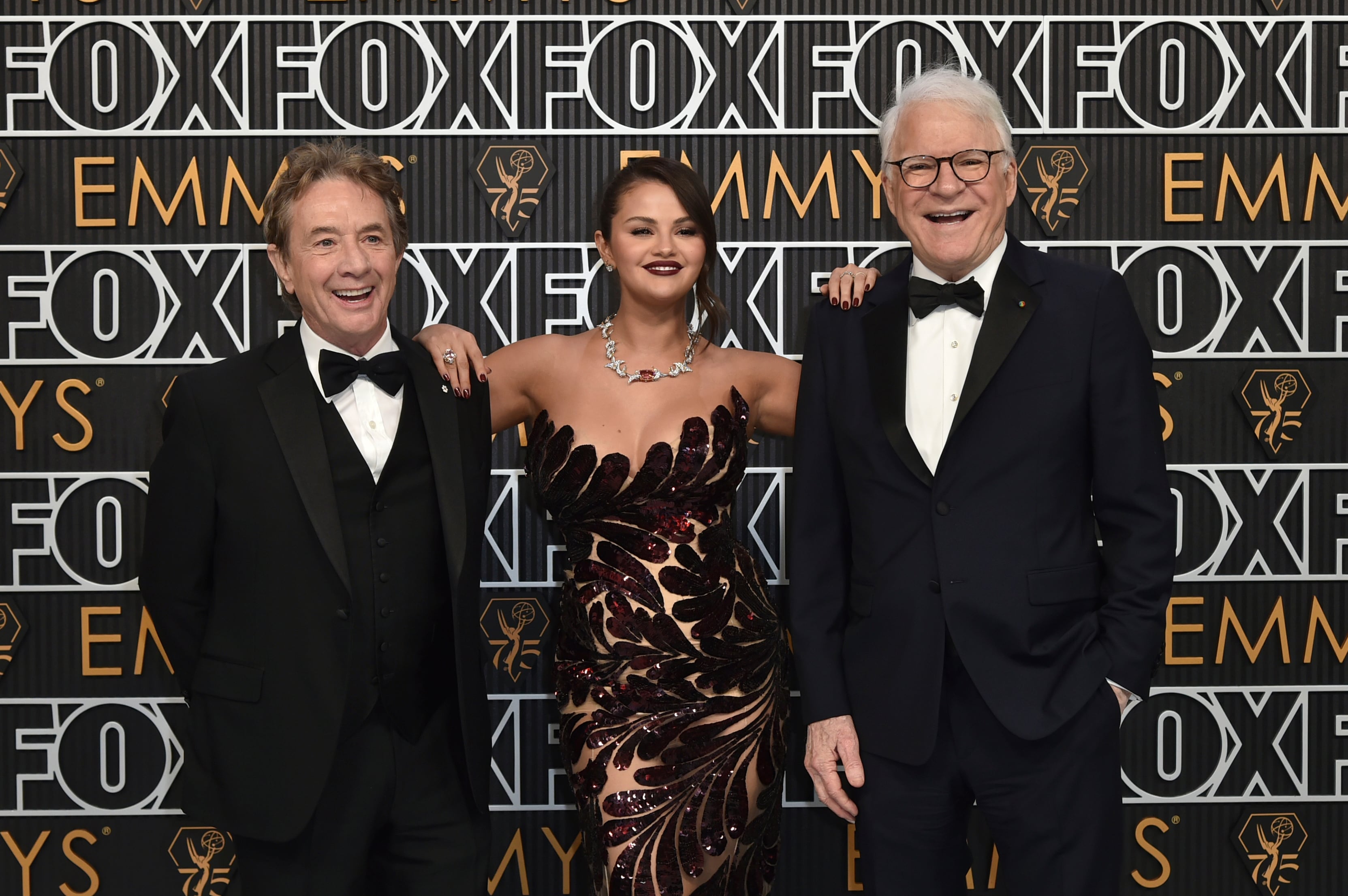 Martin Short, from left, Selena Gomez, and Steven Martin arrive at the 75th Primetime Emmy Awards on Monday, Jan. 15, 2024, at the Peacock Theatre in Los Angeles. (Photo by Richard Shotwell/Invision/AP) (Richard Shotwell/Invision/AP) Martin Short, from left, Selena Gomez, and Steven Martin arrive at the 75th Primetime Emmy Awards on Monday, Jan. 15, 2024, at the Peacock Theatre in Los Angeles. (Photo by Richard Shotwell/Invision/AP) (Richard Shotwell/Invision/AP)