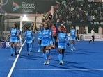  India players celebrate the team's victory against Italy during their FIH Paris Olympic Qualifiers 2024 match, in Ranchi on Tuesday
(Somnath Sen)