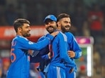 India's Virat Kohli along with captain Rohit Sharma and Rinku Singh celebrate the dismissal of Afghanistan's Najibullah Zadran 