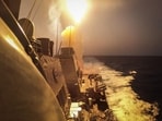 The Arleigh Burke-class guided-missile destroyer USS Carney (DDG 64) defeating a combination of Houthi missiles and unmanned aerial vehicles in the Red Sea. (AFP)