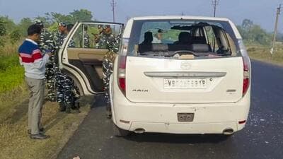A vehicle belonging to ED officials was damaged by a mob in West Bengal’s North 24 Parganas district on January 5. (PTI) A vehicle belonging to ED officials was damaged by a mob in West Bengal’s North 24 Parganas district on January 5. (PTI)