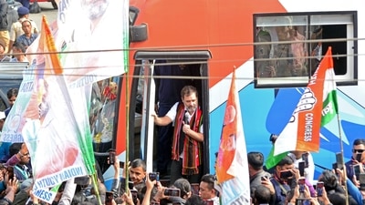 Rahul Gandhi also interacted with some bikers on his way during his party's Bharat Jodo Nyay Yatra in Nagaland's Mokokchung. (ANI) Rahul Gandhi also interacted with some bikers on his way during his party's Bharat Jodo Nyay Yatra in Nagaland's Mokokchung. (ANI)