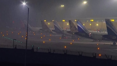 Dense fog covers the Indira Gandhi International Airport on a cold winter morning, in New Delhi on Tuesday. (ANI) Dense fog covers the Indira Gandhi International Airport on a cold winter morning, in New Delhi on Tuesday. (ANI)