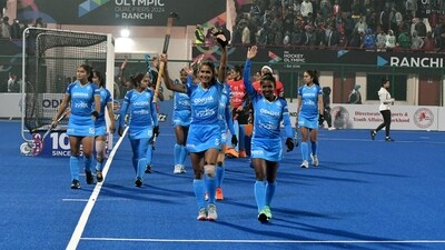 India players celebrate the team's victory against Italy during their FIH Paris Olympic Qualifiers 2024 match, in Ranchi on Tuesday (Somnath Sen) India players celebrate the team's victory against Italy during their FIH Paris Olympic Qualifiers 2024 match, in Ranchi on Tuesday (Somnath Sen)
