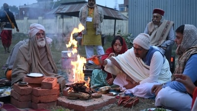 Anil Mishra performing the rituals as the pradhan yajman of the Ram Mandir consecration ceremony. Anil Mishra performing the rituals as the pradhan yajman of the Ram Mandir consecration ceremony.