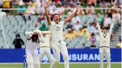 Australia vs West Indies highlights 1st Test Day 1: Australia's Josh Hazlewood, center, appeals for an LBW (AP) Australia vs West Indies highlights 1st Test Day 1: Australia's Josh Hazlewood, center, appeals for an LBW (AP)